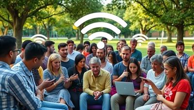 A vibrant community gathering in a park, with people of diverse backgrounds using their smartphones and laptops to connect to a communal Wi-Fi network, portraying inclusivity and connectivity.