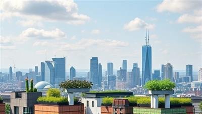 An urban skyline with digitally superimposed rooftop gardens and hydroponic setups, illustrating the concept of sustainable urban farming in a modern, eco-friendly setting.