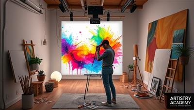 An inspiring digital art studio setup with a professional artist leading a virtual masterclass on digital painting techniques, showcasing a vibrant palette of colors, intricate brush strokes, and captivating artistic expressions at Artistry Academy.