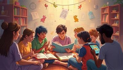 An enchanting digital illustration of a diverse group of participants engrossed in a storytelling workshop, surrounded by books, creative props, and digital devices displaying interactive storytelling tools, capturing the magic and collaborative spirit of StoryCraft Studio's workshops.