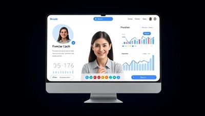 A modern and sleek digital platform interface showing a user engaging with a financial coach via video call, with financial graphs and goal trackers in the background, symbolizing progress and empowerment.