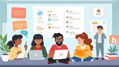 An engaging digital illustration of diverse characters engaging in language learning activities on a virtual platform, showcasing interactive challenges and fun language exercises, emphasizing a dynamic and immersive learning experience.