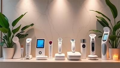 An elegant display featuring a variety of high-tech beauty devices available for rent, arranged in an aesthetically pleasing manner with soft lighting and lush greenery, creating a luxurious and indulgent ambiance for at-home beauty treatments.