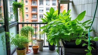 An urban apartment balcony transformed into a lush aquaponics garden, showcasing the symbiotic relationship between fish and plants in a sustainable and compact setup, representing the convenience and eco-friendliness of AquaHarvest Hub's subscription service.
