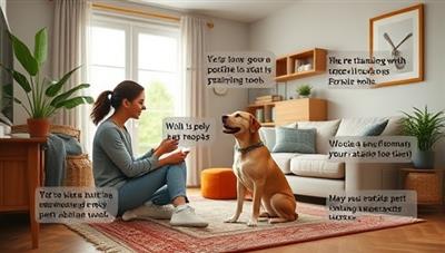 A cozy virtual living room setting with a pet owner interacting with their well-trained pet, showcasing positive reinforcement techniques, training tools, and a harmonious bond between the pet and owner, reflecting the joy and companionship of pet training in a virtual world.