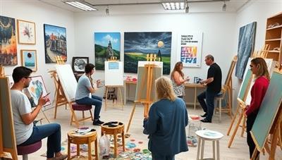 A virtual art studio setting with artists of different styles and mediums creating and discussing their work, surrounded by colorful palettes and inspirational art pieces, capturing the collaborative and creative spirit of the virtual artistic masterclasses.
