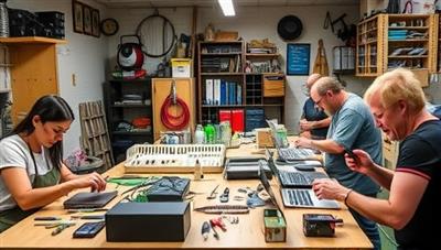 A workshop setting with customers learning to repair electronic devices, upcycling old gadgets into new products, and participating in eco-friendly tech projects, surrounded by tools, electronic components, and recycled materials, creating a sustainable and hands-on tech repair atmosphere.