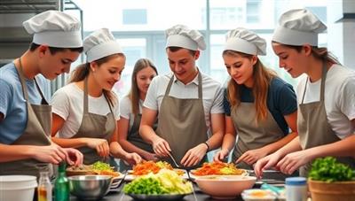 An image of a group of teenagers in aprons and chef hats, working together in a brightly lit kitchen setting, surrounded by fresh ingredients and cooking utensils, capturing the excitement and camaraderie of learning culinary skills.