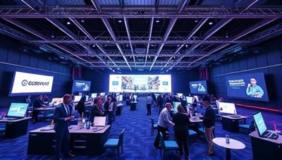 An immersive virtual event environment featuring a digital conference hall with interactive booths, networking lounges, and live presentations, illustrating the future of virtual event experiences.