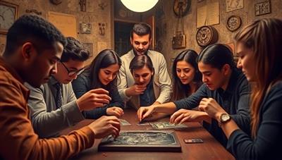 An intriguing image showcasing a group of diverse participants working together to solve puzzles in a themed escape room setting, with mysterious clues, locks, and interactive elements, creating an atmosphere of suspense and excitement.