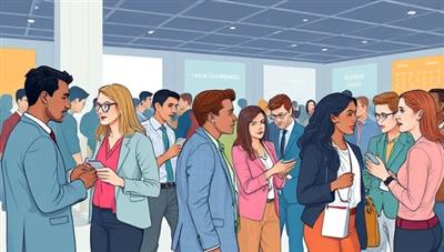 An illustration featuring a diverse group of professionals from various niche industries networking and exchanging business cards at a specialized industry event, representing the unique talent pool and networking opportunities offered by the platform.