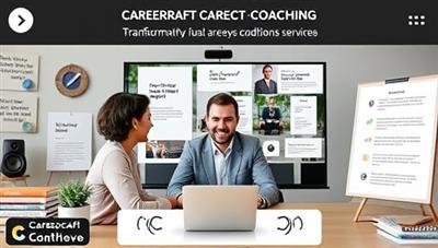 A virtual mentorship session scene with a professional career coach providing guidance to a motivated individual, surrounded by virtual career development resources, inspirational quotes, and a roadmap to success, showcasing the transformative impact of CareerCraft Connect's virtual coaching services.