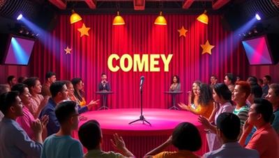 A vibrant digital stage setup with colorful comedy props and a microphone, surrounded by virtual audience avatars reacting with laughter and applause, capturing the lively atmosphere of a comedy club in the online realm.