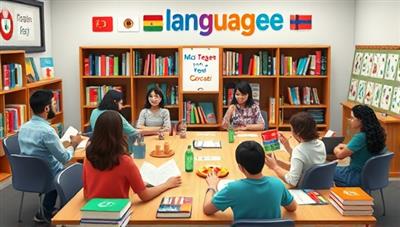 An artistic representation of a virtual language classroom with diverse avatars interacting in different languages, surrounded by language books and cultural symbols, promoting a vibrant and inclusive learning environment.