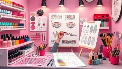 A vibrant and stylish virtual nail art studio setup with a professional nail artist creating intricate nail designs on a digital canvas, surrounded by a colorful array of nail polishes, art brushes, nail accessories, and design sketches, exuding creativity and artistry.