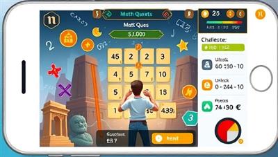 A captivating math quest scene within the app interface, showing a user solving math puzzles, unlocking achievements, and earning rewards, surrounded by mathematical symbols, challenges, and a dynamic progress tracker, creating a gamified learning environment that motivates and inspires mathematical mastery.