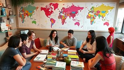 A diverse group of individuals engaged in a lively language exchange session, surrounded by language textbooks, world maps, and cultural artifacts, symbolizing the vibrant linguistic community and global connections fostered at Lingo Lounge.