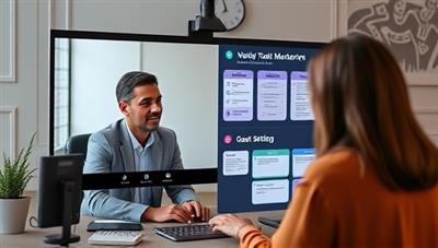 An interactive virtual mentorship session featuring a mentor providing guidance and advice to a mentee through a digital platform, with resources, tools, and goal-setting frameworks displayed on the screen, creating a supportive and growth-oriented mentorship environment.