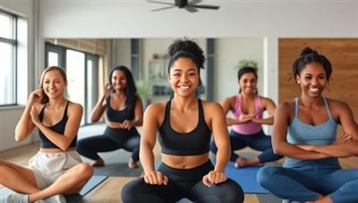 A virtual fitness training session scene with a diverse group of trainers and clients participating in an online workout class, showcasing a dynamic and inclusive fitness community focused on professional development and wellness.