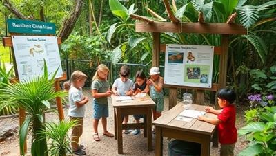 A picturesque outdoor classroom setup amidst lush greenery, featuring students engaged in hands-on nature activities, wildlife observations, and environmental experiments, surrounded by educational signage and natural elements, fostering a sense of wonder and ecological learning.