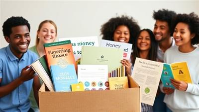 An appealing subscription box design featuring a mix of financial books, money-themed stationery, and colorful infographics on personal finance, set against a backdrop of a diverse group of people happily learning about money management.