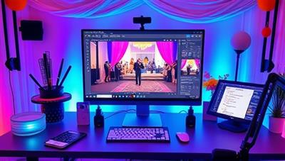 A dynamic and interactive virtual event planning setup featuring an event coordinator managing a virtual event on a computer screen, surrounded by event decorations and planning tools, creating a vibrant and engaging virtual event coordination studio.