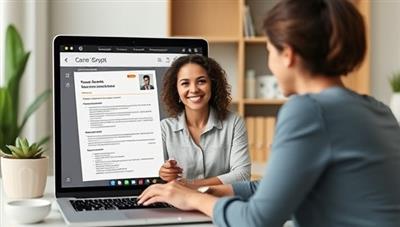 An online career coaching session with a professional mentor guiding a client through a virtual resume review, career assessment, and goal-setting exercise, reflecting empowerment and career growth potential.