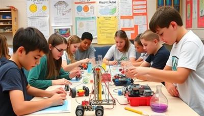 A group of homeschooled students engaged in a hands-on STEM workshop, building robots and conducting experiments, with colorful scientific equipment and educational posters in the background, creating a dynamic and interactive learning environment.