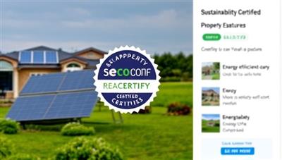 A sustainability certification badge displayed prominently on a property listing, showcasing EcoCertify Real Estate's seal of approval for eco-friendly and sustainable properties, with images of solar panels, green spaces, and energy-efficient features, emphasizing the property's commitment to sustainability.