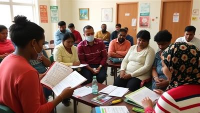 A community center setting with a diverse group of individuals engaged in an interactive accounting workshop, flipping through financial literacy guides, discussing budgeting strategies, and collaborating on a financial exercise, fostering a sense of community learning and empowerment.