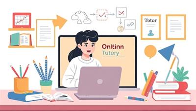 An online tutoring session illustration featuring a student and tutor engaged in a virtual lesson, surrounded by digital study resources and interactive tools, highlighting personalized learning and expert guidance in specialized subjects.