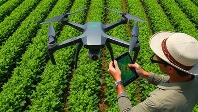 An aerial view of a lush green farm field captured by a drone equipped with multispectral sensors, showing detailed crop health analysis and pest infestation detection, with a farmer reviewing the drone imagery on a tablet, highlighting the precision and efficiency of AgriSight Drones' agricultural monitoring service.