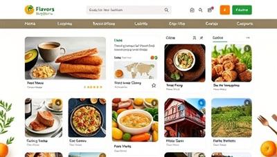 An enticing marketplace platform interface showcasing a variety of culinary experiences, from street food tours and cooking workshops to wine tastings and farm visits, enticing users to explore the diverse flavors and cultural richness available through Flavors Explorer.