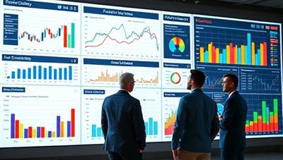 A dynamic and colorful financial dashboard displaying real-time data visualizations, interactive graphs, and predictive analytics, with business executives analyzing charts and graphs on large screens, symbolizing data-driven decision-making and financial insights.