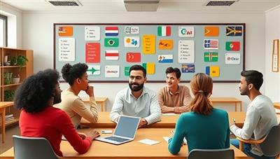 An interactive online language classroom setting with avatars representing different cultures engaging in lively conversations, symbolizing global connections and learning diversity.