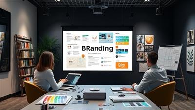 A digital studio setting with branding consultants brainstorming creative ideas on a large screen, surrounded by brand mood boards, color swatches, and digital design tools, evoking a dynamic and innovative approach to digital branding.