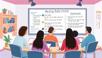 An illustration of a virtual study room with diverse students engaged in group discussions, sharing digital notes and resources, with a digital whiteboard displaying study topics and questions, creating a collaborative and interactive learning environment.