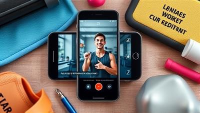A smartphone displaying a virtual workout session with a coach, surrounded by fitness equipment and motivational quotes, showcasing a dynamic and engaging fitness experience.