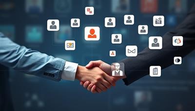 An engaging digital interface showcasing a freelancer and a company representative virtually shaking hands, with various project icons floating around them, representing the diverse gig opportunities available on the platform.