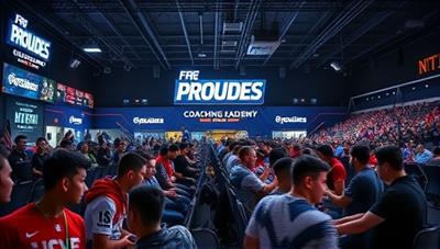 An esports arena filled with enthusiastic gamers engaging in intense gameplay, with coaches providing guidance and support, symbolizing the competitive and professional nature of ProGuides coaching academy.