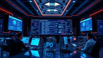 An innovative office setup with futuristic design elements, digital screens displaying blockchain transactions, and employees collaborating on blockchain audit processes, symbolizing cutting-edge technology and advanced audit solutions.