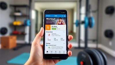 A smartphone displaying a fitness app interface with workout plans, progress tracking features, and a video call icon for virtual coaching sessions, set against a backdrop of a home gym environment, conveying convenience and motivation.