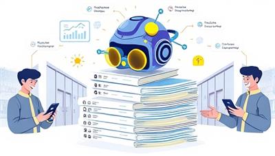 An illustration of a futuristic AI analyzing a stack of utility bills with glowing efficiency metrics, surrounded by satisfied clients receiving notifications of cost-saving recommendations on their mobile devices, emphasizing smart bill optimization technology.