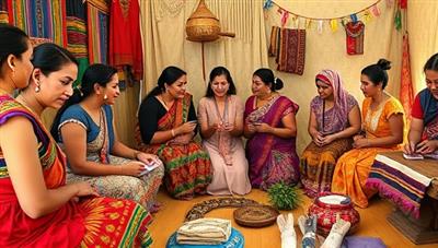 A vibrant and inclusive image capturing a group of travelers engaging in a cultural workshop with locals, participating in traditional dances, crafts, and language lessons, surrounded by colorful textiles and cultural artifacts, fostering a sense of community and connection through shared experiences.