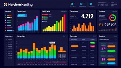 A vibrant digital marketing dashboard displaying real-time campaign metrics, social media engagement charts, and a content calendar, symbolizing data-driven decision-making and strategic online branding.