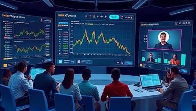 A dynamic platform interface featuring interactive crypto trading simulations, educational videos, and real-time market data, with a diverse group of users engaging in virtual discussions and learning activities, symbolizing hands-on crypto education and networking.