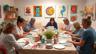 An art therapy workshop in progress, with participants engaged in painting, drawing, and creative activities, surrounded by soothing colors, art supplies, and therapeutic art pieces, creating a calming and healing atmosphere that promotes emotional well-being and self-expression.