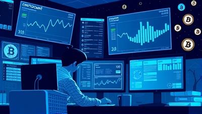 An immersive digital illustration of the CryptoCount team analyzing crypto transactions and tax data on multiple screens, with blockchain visuals, digital wallets, and cryptocurrency symbols in the background, showcasing expertise in crypto accounting and tax advisory services.