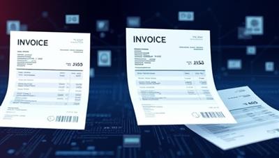 An animated visualization of invoices being scanned and processed by a sophisticated AI system, with data extraction and categorization happening in real-time, portraying efficiency and automation in invoice management.