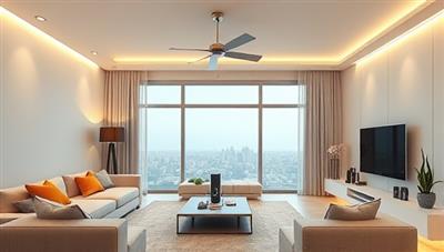 An image of a modern living room with integrated smart home devices such as voice-controlled speakers, automated lighting systems, and climate control panels, creating a futuristic and connected living space envisioned by SmartLiv.